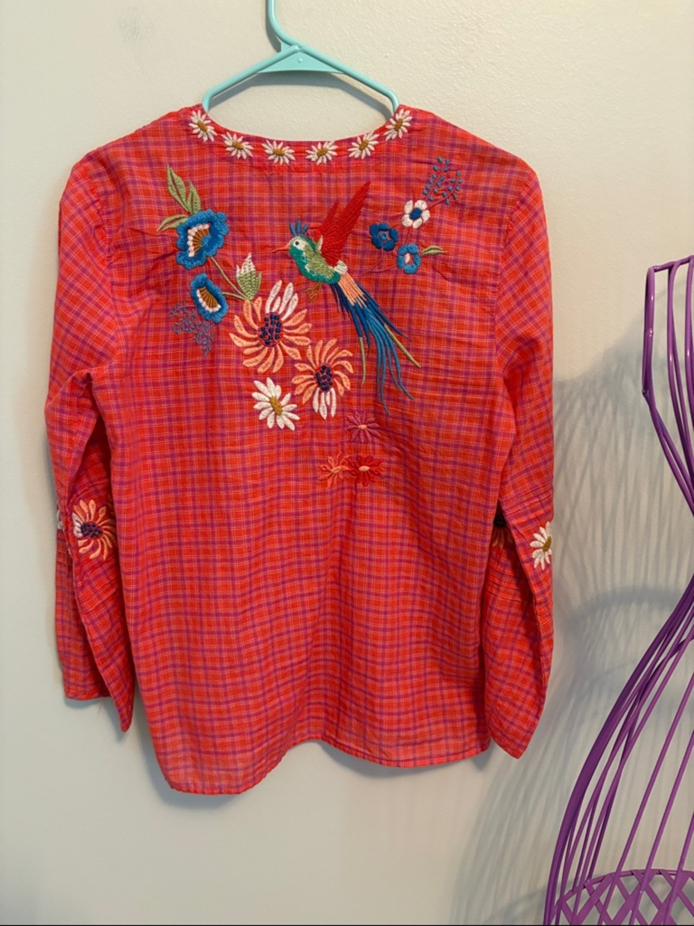 Johnny Was Workshop Red and Purple Plaid Embroidered Floral Peasant Blouse - Picture 9 of 10